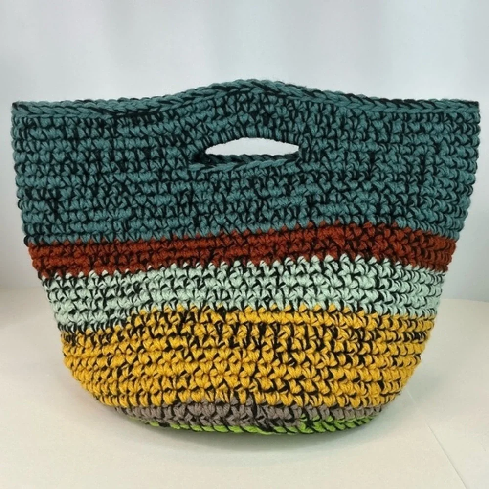 Handcrafted Multicolor Crochet Scrap Woven Tote Bag Basket Storage Handmade Knit